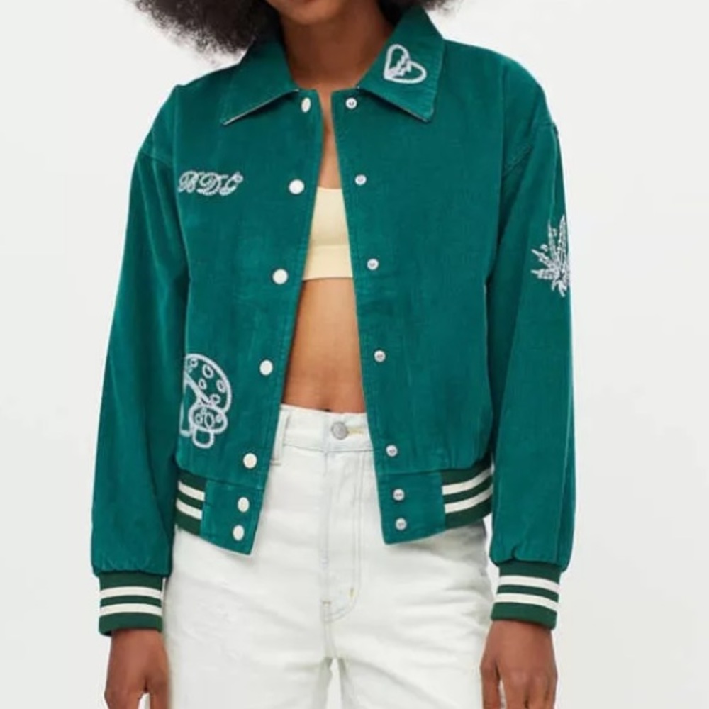 BDG Urban Outfitters Delia Green Corduroy Embroidered Varsity Jacket L